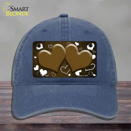 Brown White Love Hearts Oil Rubbed Novelty License Plate Hat Unconstructed Cotton / Navy