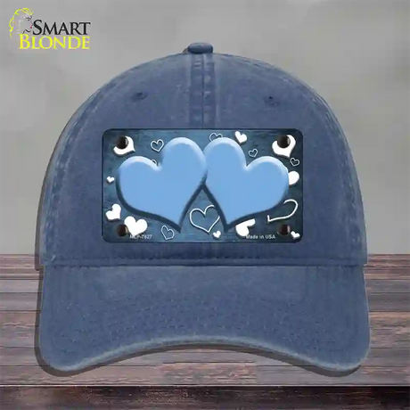 Light Blue White Love Hearts Oil Rubbed Novelty License Plate Hat Unconstructed Cotton / Navy