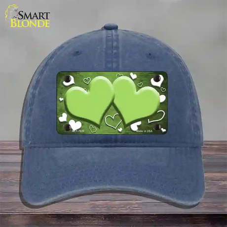 Lime Green White Love Hearts Oil Rubbed Novelty License Plate Hat Unconstructed Cotton / Navy