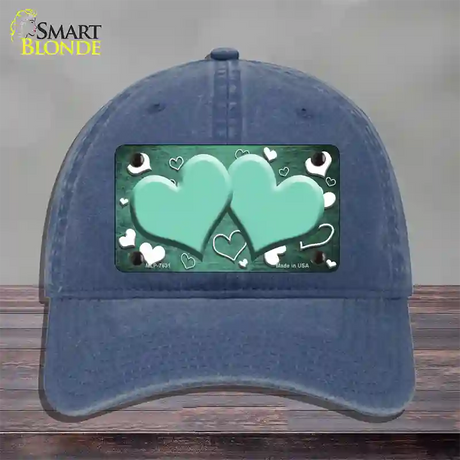 Mint White Love Hearts Oil Rubbed Novelty License Plate Hat Unconstructed Cotton / Navy