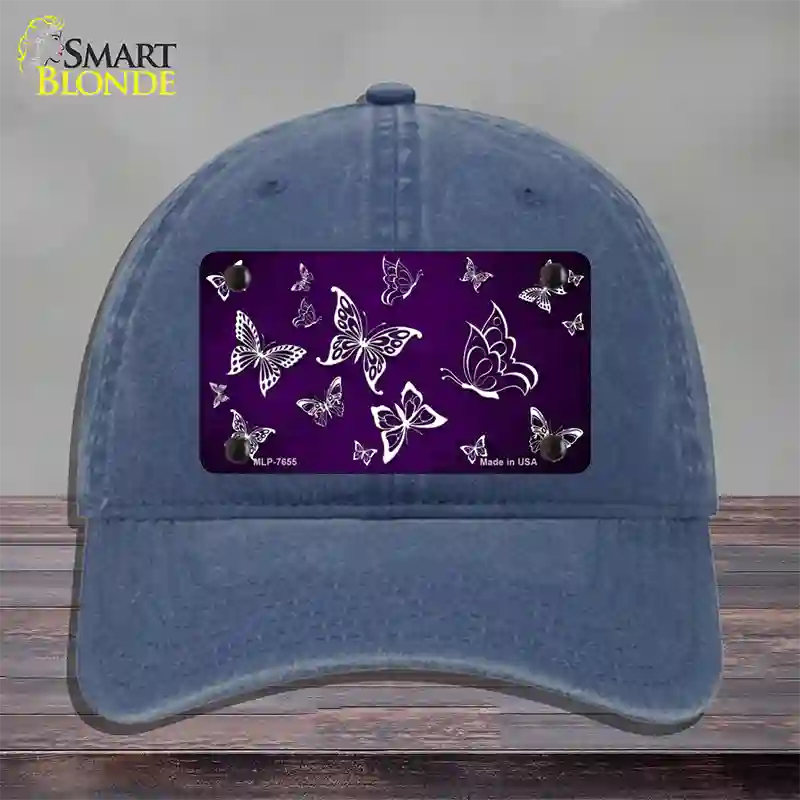 Purple White Butterfly Oil Rubbed Novelty License Plate Hat Unconstructed Cotton / Navy