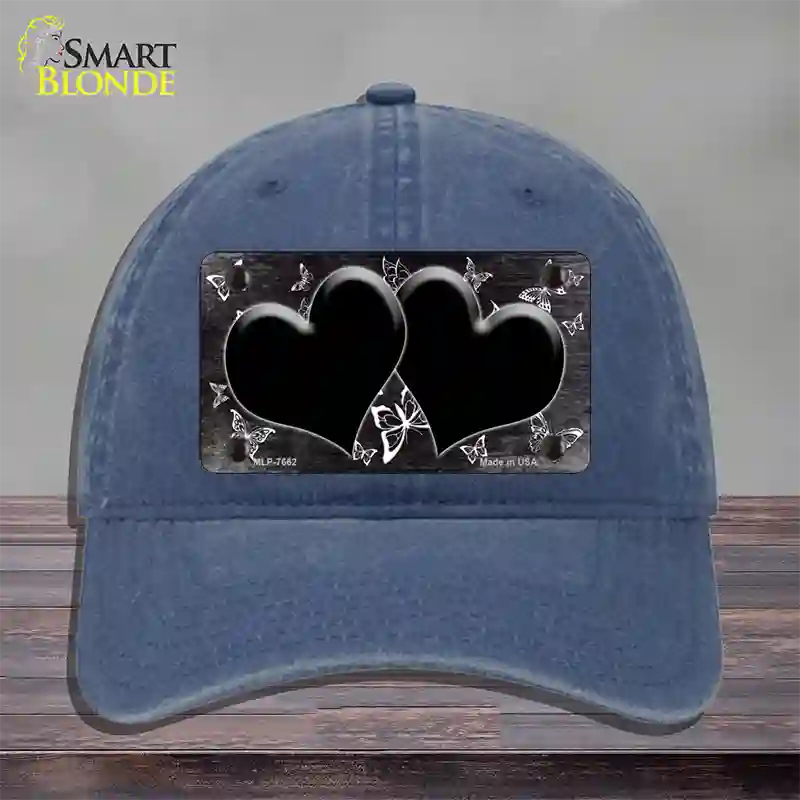 Black White Hearts Butterfly Oil Rubbed Novelty License Plate Hat Unconstructed Cotton / Navy