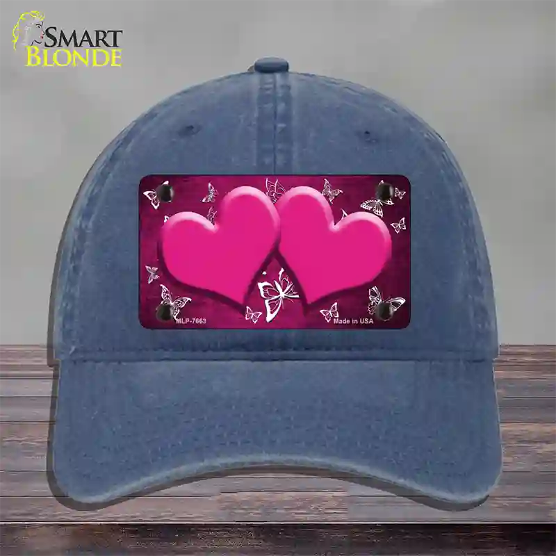 Pink White Hearts Butterfly Oil Rubbed Novelty License Plate Hat Unconstructed Cotton / Navy