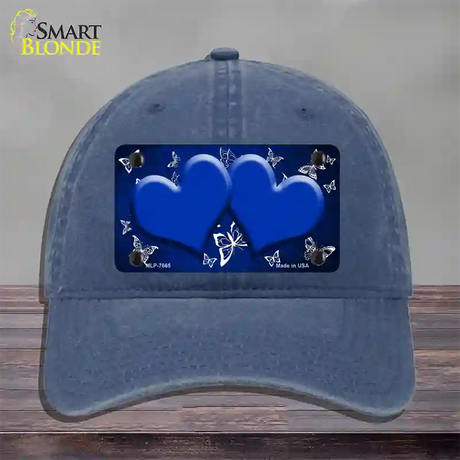 Blue White Hearts Butterfly Oil Rubbed Novelty License Plate Hat Unconstructed Cotton / Navy