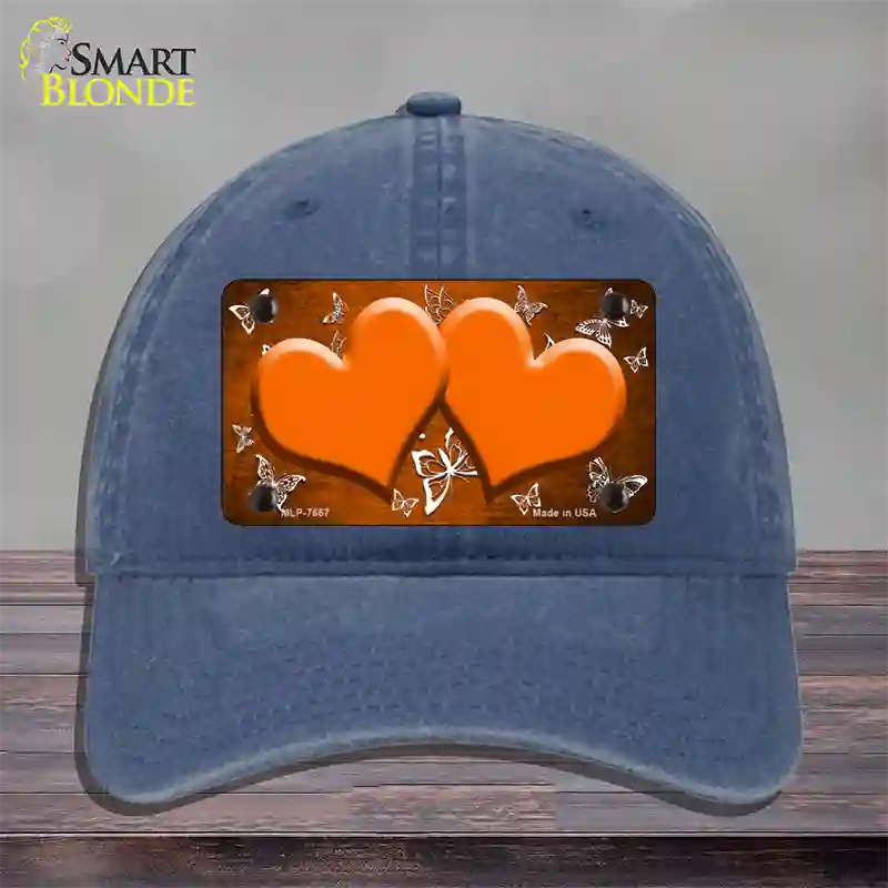 Orange White Hearts Butterfly Oil Rubbed Novelty License Plate Hat Unconstructed Cotton / Navy