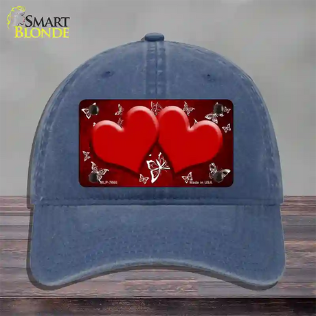 Red White Hearts Butterfly Oil Rubbed Novelty License Plate Hat Unconstructed Cotton / Navy