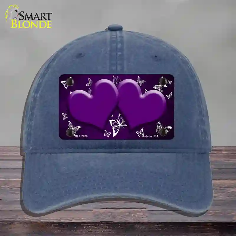 Purple White Hearts Butterfly Oil Rubbed Novelty License Plate Hat Unconstructed Cotton / Navy