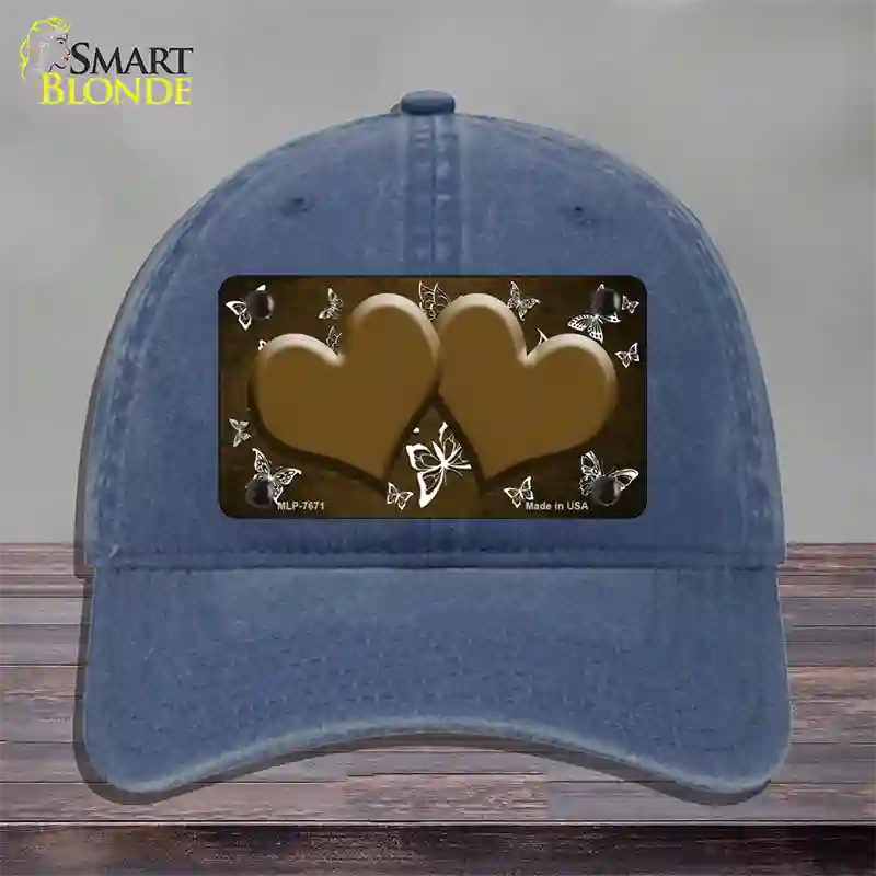 Brown White Hearts Butterfly Oil Rubbed Novelty License Plate Hat Unconstructed Cotton / Navy