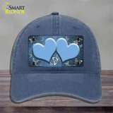 Light Blue White Hearts Butterfly Oil Rubbed Novelty License Plate Hat Unconstructed Cotton / Navy