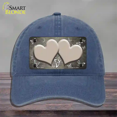 Tan White Hearts Butterfly Oil Rubbed Novelty License Plate Hat Unconstructed Cotton / Navy