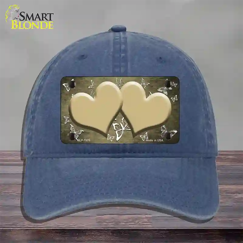 Gold White Hearts Butterfly Oil Rubbed Novelty License Plate Hat Unconstructed Cotton / Navy