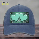 Mint White Hearts Butterfly Oil Rubbed Novelty License Plate Hat Unconstructed Cotton / Navy