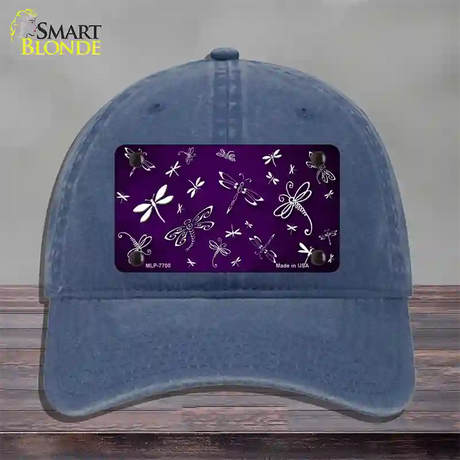 Purple White Dragonfly Oil Rubbed Novelty License Plate Hat Unconstructed Cotton / Navy