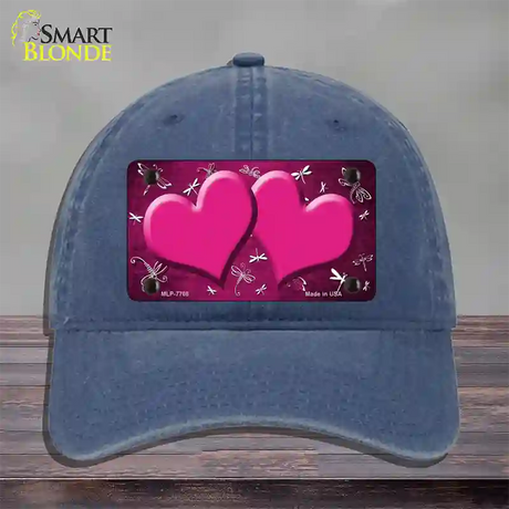 Pink White Dragonfly Hearts Oil Rubbed Novelty License Plate Hat Unconstructed Cotton / Navy