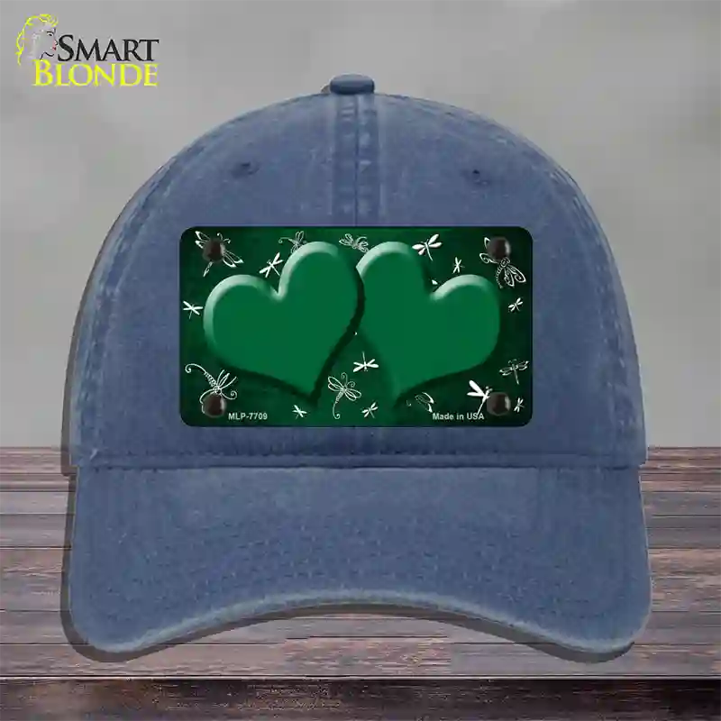 Green White Dragonfly Hearts Oil Rubbed Novelty License Plate Hat Unconstructed Cotton / Navy