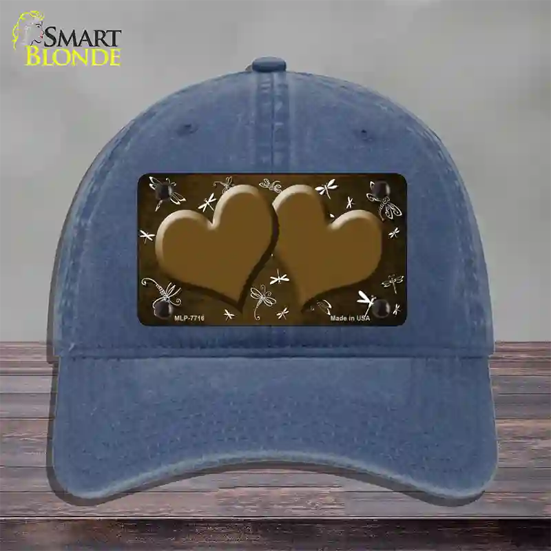 Brown White Dragonfly Hearts Oil Rubbed Novelty License Plate Hat Unconstructed Cotton / Navy