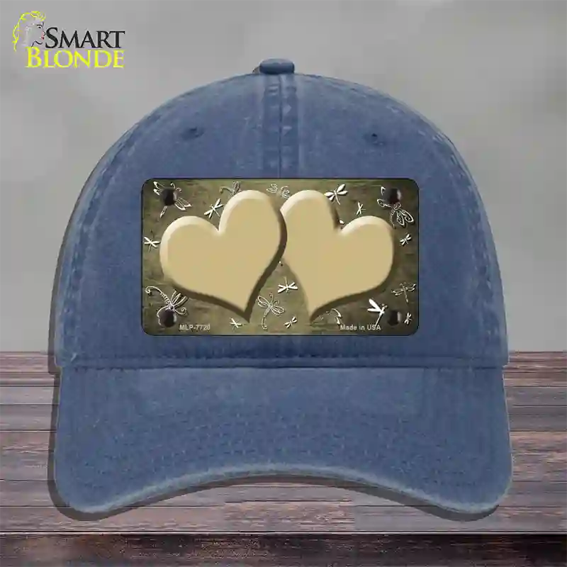 Gold White Dragonfly Hearts Oil Rubbed Novelty License Plate Hat Unconstructed Cotton / Navy