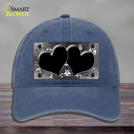 Black White Owl Hearts Oil Rubbed Novelty License Plate Hat Unconstructed Cotton / Navy