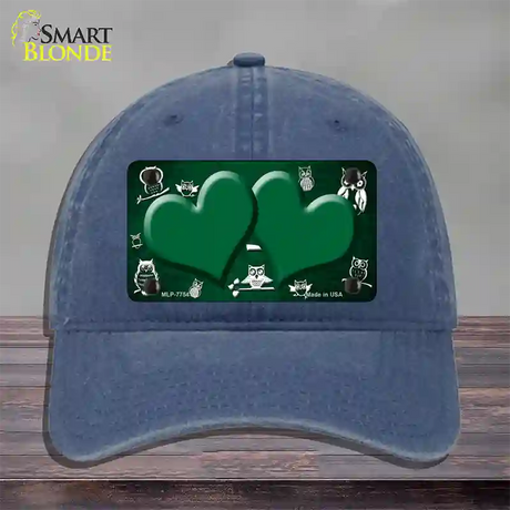 Green White Owl Hearts Oil Rubbed Novelty License Plate Hat Unconstructed Cotton / Navy