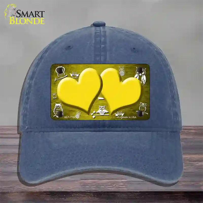 Yellow White Owl Hearts Oil Rubbed Novelty License Plate Hat Unconstructed Cotton / Navy