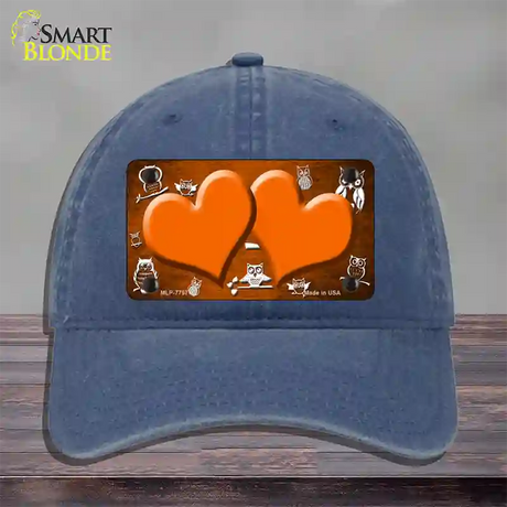 Orange White Owl Hearts Oil Rubbed Novelty License Plate Hat Unconstructed Cotton / Navy