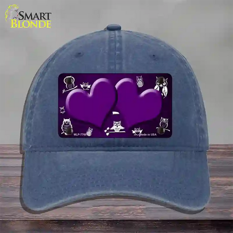 Purple White Owl Hearts Oil Rubbed Novelty License Plate Hat Unconstructed Cotton / Navy