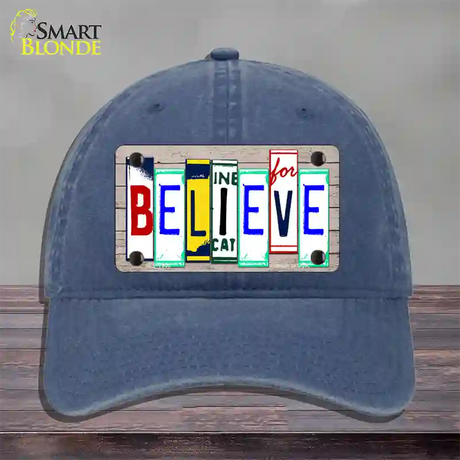 Believe License Plate Art Wood Novelty License Plate Hat Unconstructed Cotton / Navy