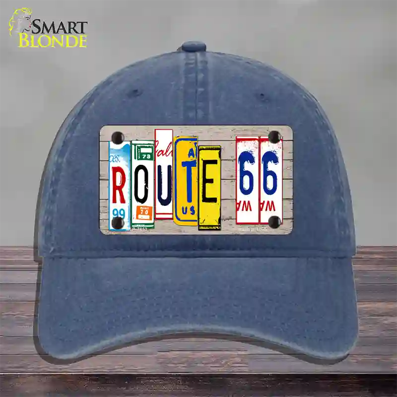 Route 66 License Plate Art Wood Novelty License Plate Hat Unconstructed Cotton / Navy