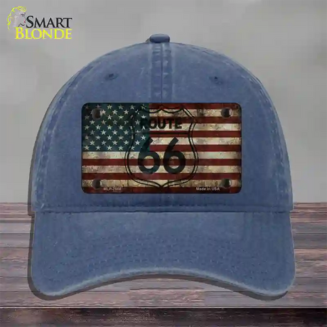 Route 66 American Flag Transparent Novelty License Plate Hat Unconstructed Cotton / Navy