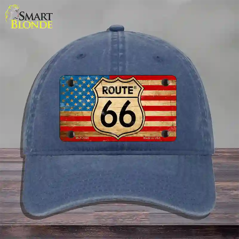 Route 66 American Flag Novelty License Plate Hat Unconstructed Cotton / Navy