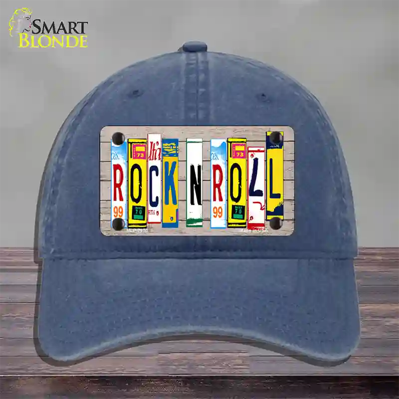 Rock N Roll Wood License Plate Art Novelty License Plate Hat Unconstructed Cotton / Navy