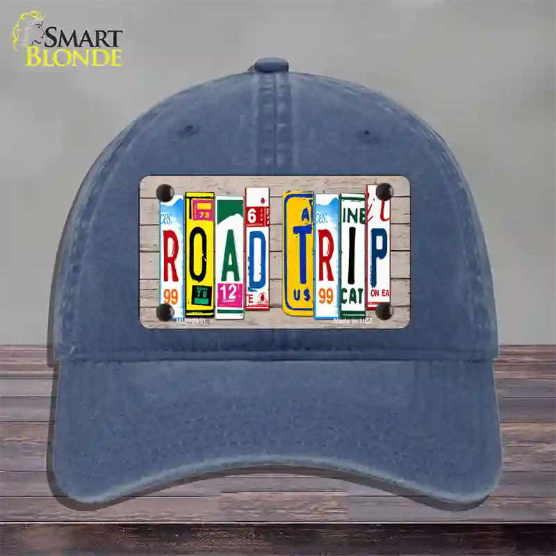 Road Trip Wood License Plate Art Novelty License Plate Hat Unconstructed Cotton / Navy