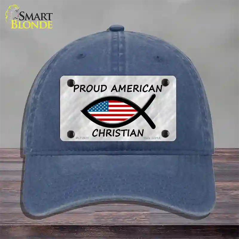 Proud American Christian Novelty License Plate Hat Unconstructed Cotton / Navy