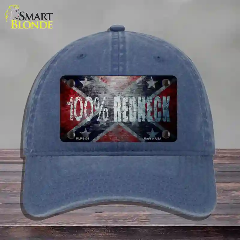 100% Redneck Confederate Novelty License Plate Hat Unconstructed Cotton / Navy