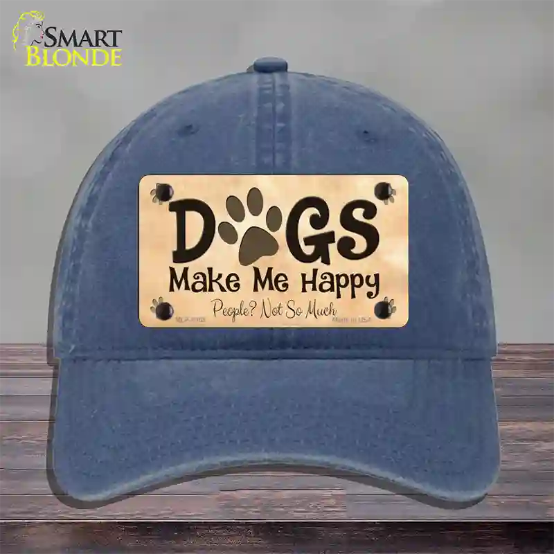 Dogs Make Me Happy Novelty License Plate Hat Unconstructed Cotton / Navy