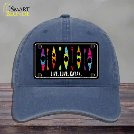 Live Love Kayak Novelty License Plate Hat Unconstructed Cotton / Navy