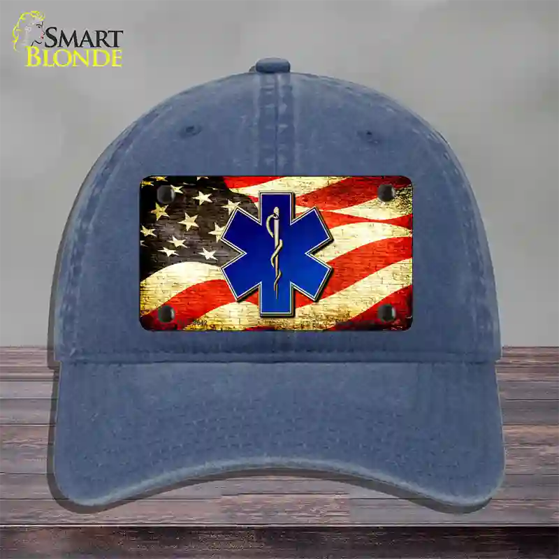 EMT Logo With USA Flag Novelty License Plate Hat Unconstructed Cotton / Navy