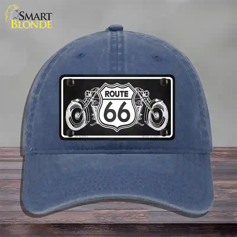 Route 66 With Bikes Novelty License Plate Hat Unconstructed Cotton / Navy