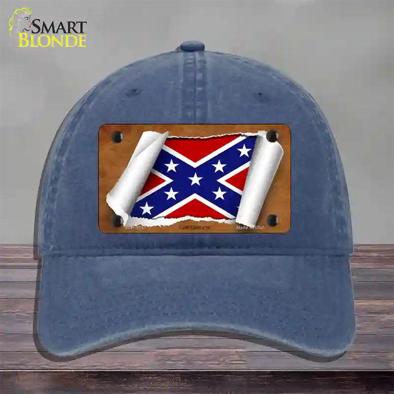 Confederate Flag Scroll Novelty License Plate Hat Unconstructed Cotton / Navy