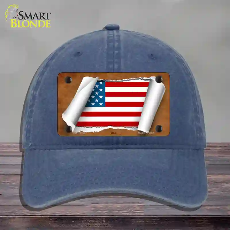 American Flag Scroll Novelty License Plate Hat Unconstructed Cotton / Navy