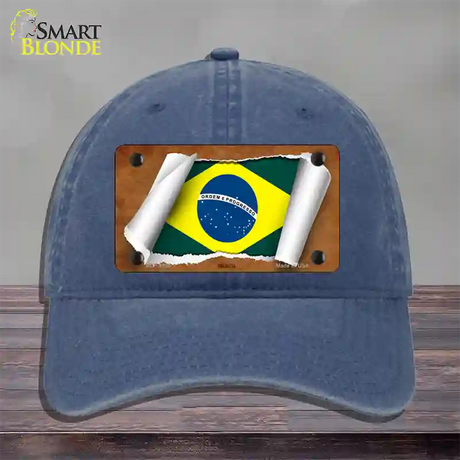 Brazil Flag Scroll Novelty License Plate Hat Unconstructed Cotton / Navy