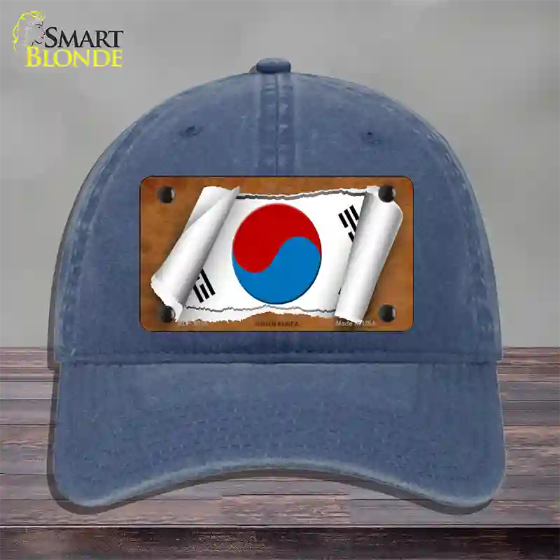 South Korea Flag Scroll Novelty License Plate Hat Unconstructed Cotton / Navy