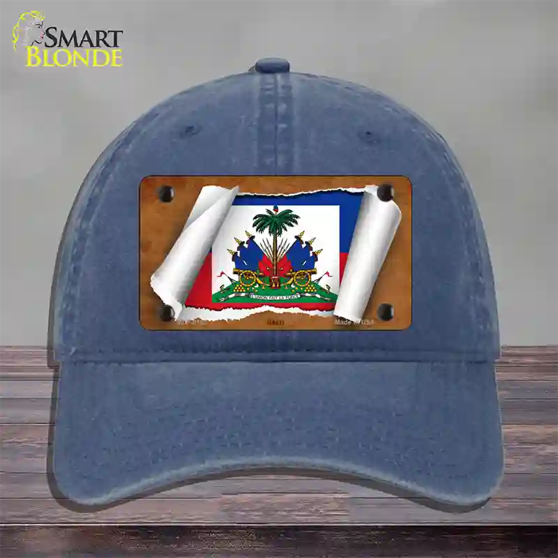 Haiti Flag Scroll Novelty License Plate Hat Unconstructed Cotton / Navy