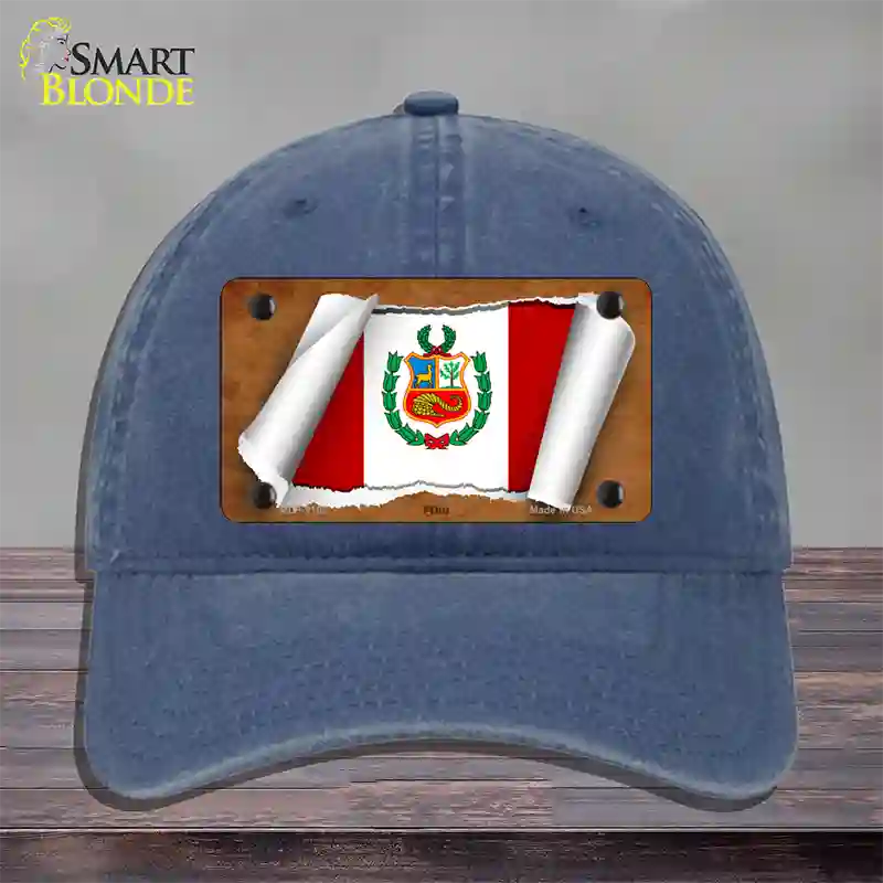 Peru Flag Scroll Novelty License Plate Hat Unconstructed Cotton / Navy