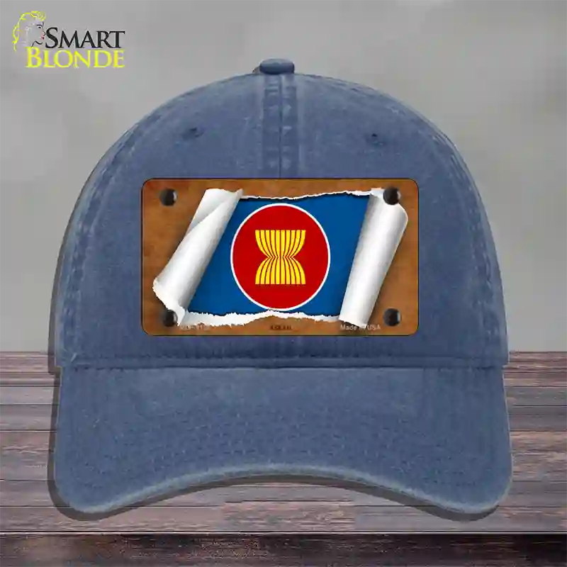 Asean Flag Scroll Novelty License Plate Hat Unconstructed Cotton / Navy