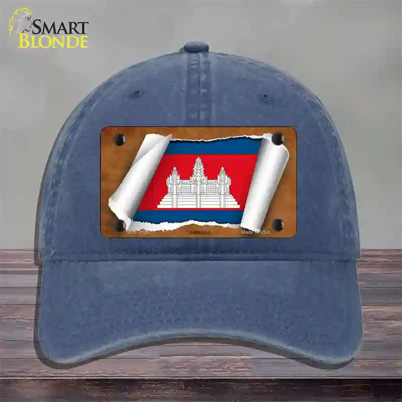 Cambodia Flag Scroll Novelty License Plate Hat Unconstructed Cotton / Navy