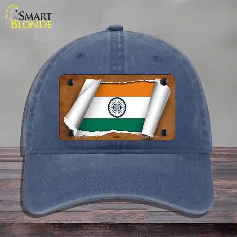 India Flag Scroll Novelty License Plate Hat Unconstructed Cotton / Navy