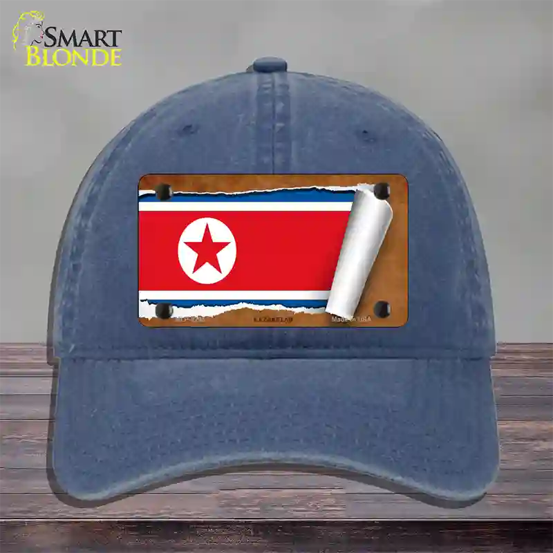 North Korea Flag Scroll Novelty License Plate Hat Unconstructed Cotton / Navy