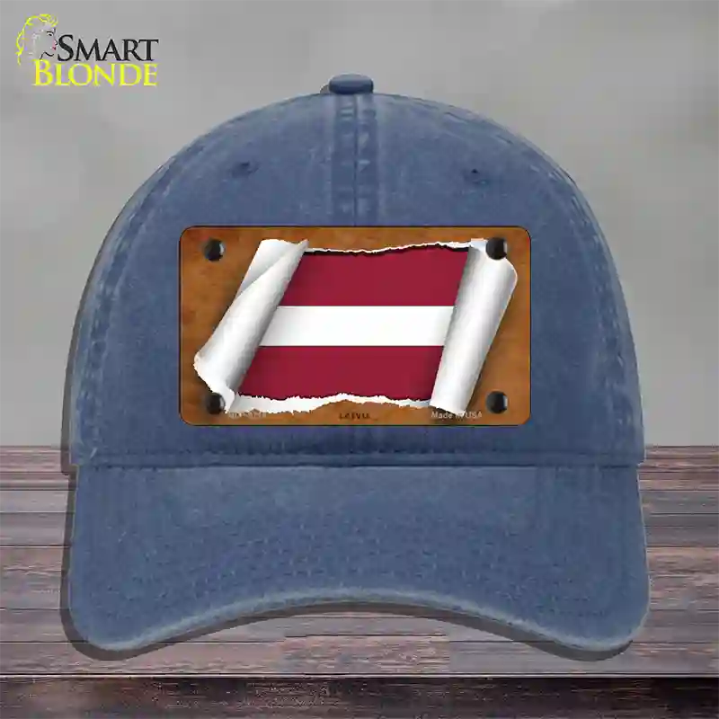 Latvia Flag Scroll Novelty License Plate Hat Unconstructed Cotton / Navy