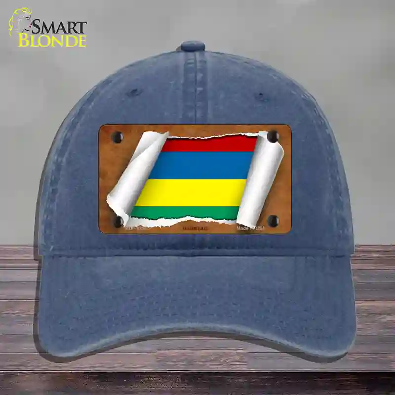 Mauritius Flag Scroll Novelty License Plate Hat Unconstructed Cotton / Navy